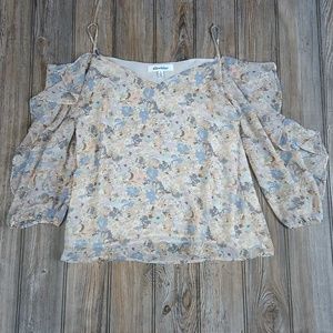 Alice Blue Floral Silky Flowy Ruffly Off Shoulder 3/4 Sleeve V Neck Blouse Top